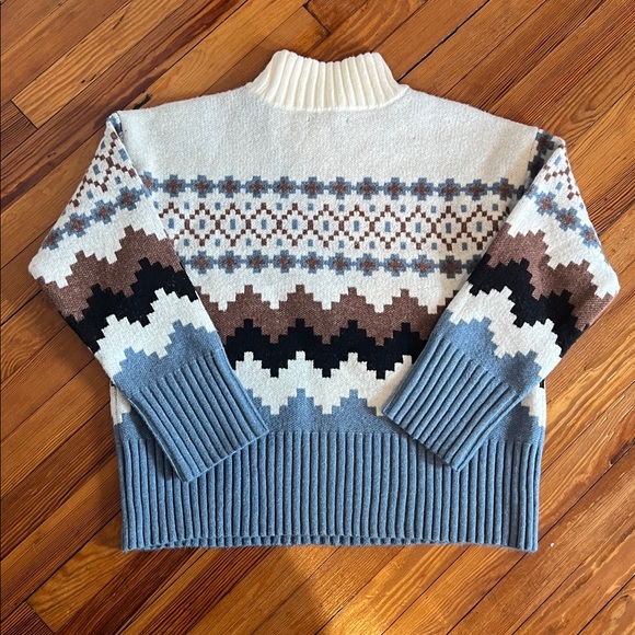 Joseph A. Apres Ski Fair Isle Mock Neck Sweater | Cream, Brown & Blue Size L - Picture 5 of 6